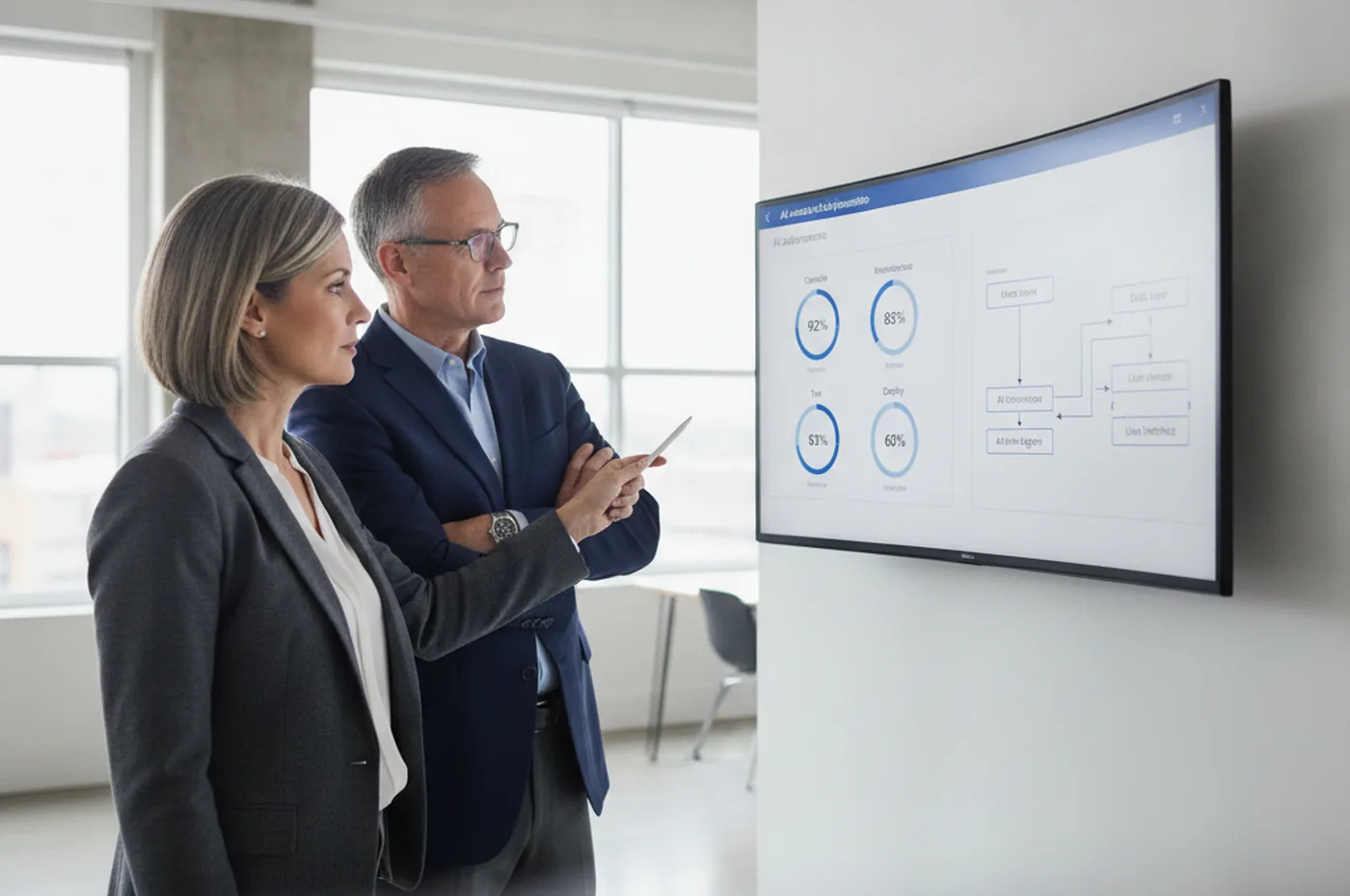 Arquitecto empresarial e ingeniero revisando en un panel el avance de un desarrollo asistido por IA para evaluar el calendario de desarrollar o comprar en 2026