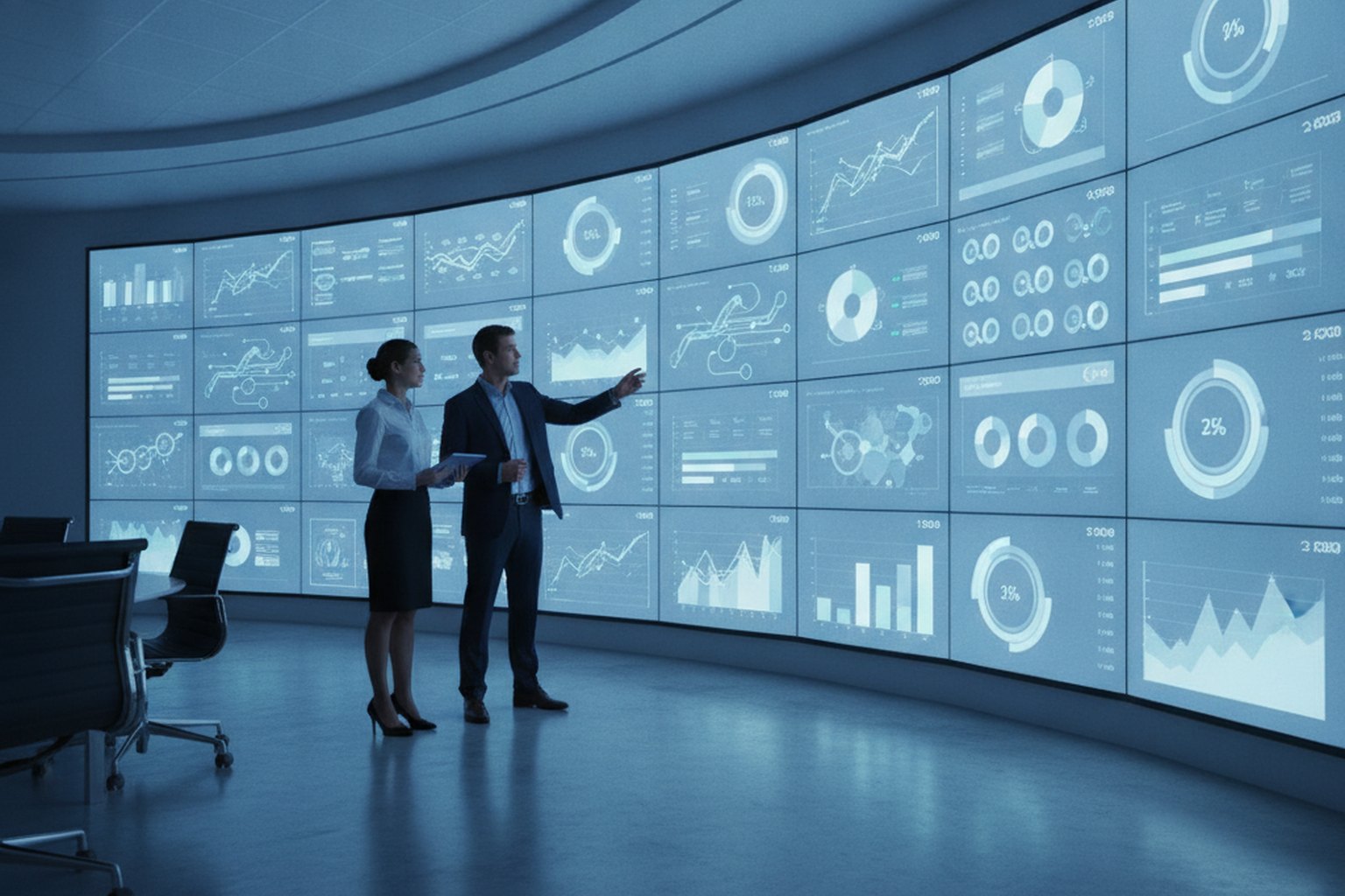 An enterprise operations centre with a wall of finance, inventory and supply-chain dashboards, representing an ERP system running a whole business on one data model