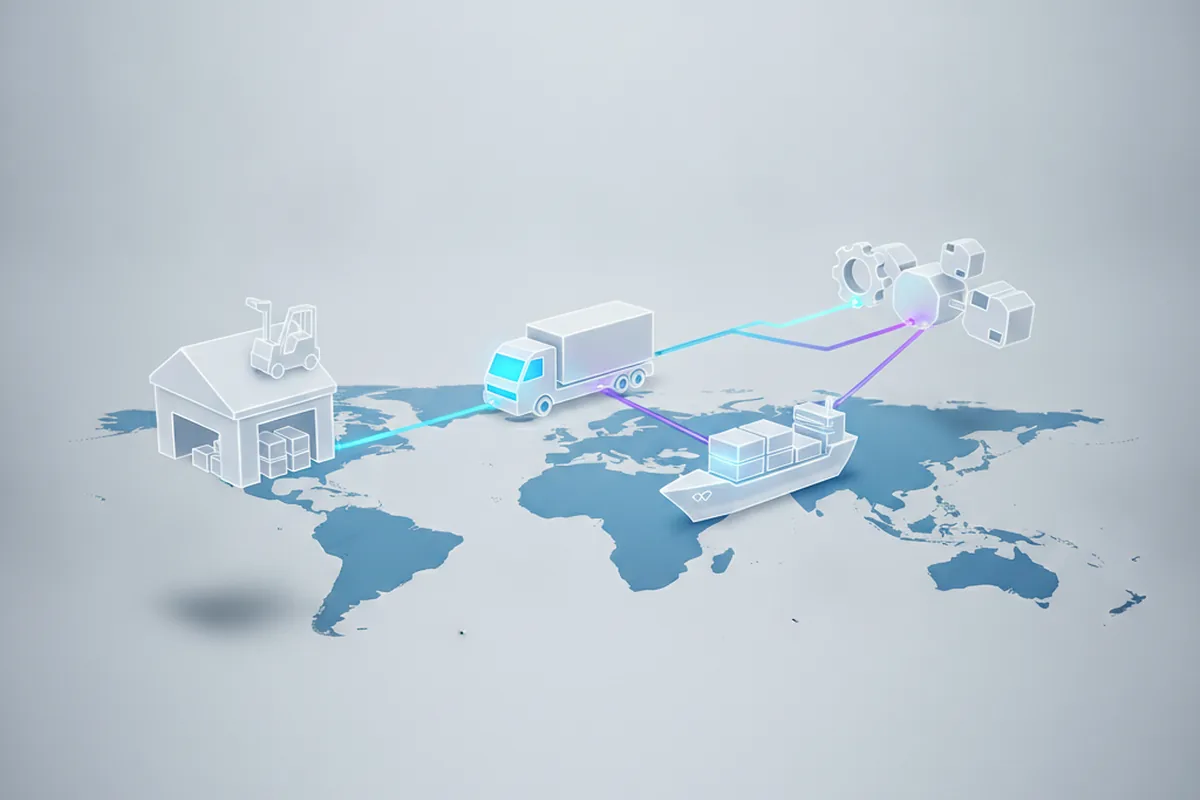 Ilustración de un almacén, un camión de reparto, un buque de carga y sistemas de proveedores unidos por líneas de datos sobre un mapa del mundo, que representa las integraciones de ERP, WMS, TMS y transportistas