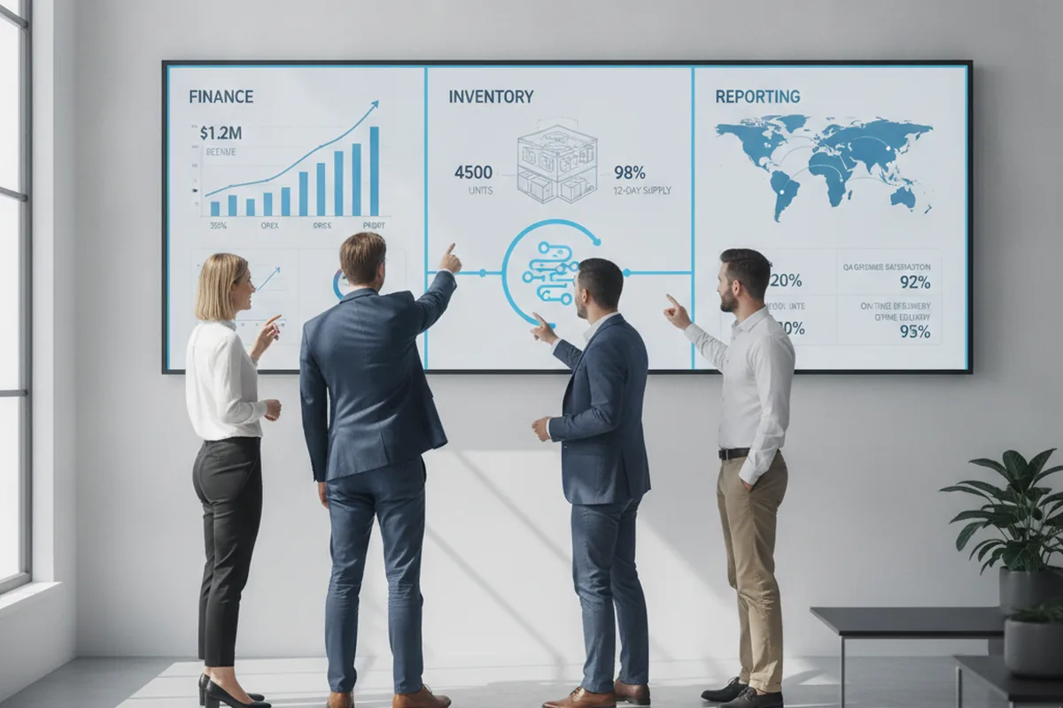 A business team reviewing a shared finance, inventory and reporting dashboard on a screen, representing the transparency benefit of one connected ERP data model