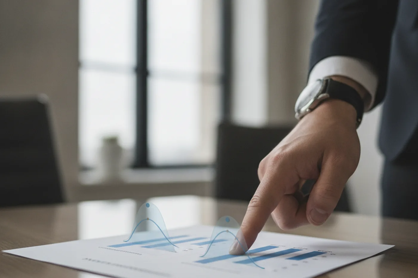 consultant pointing at a confidence-interval chart comparing estimation methods