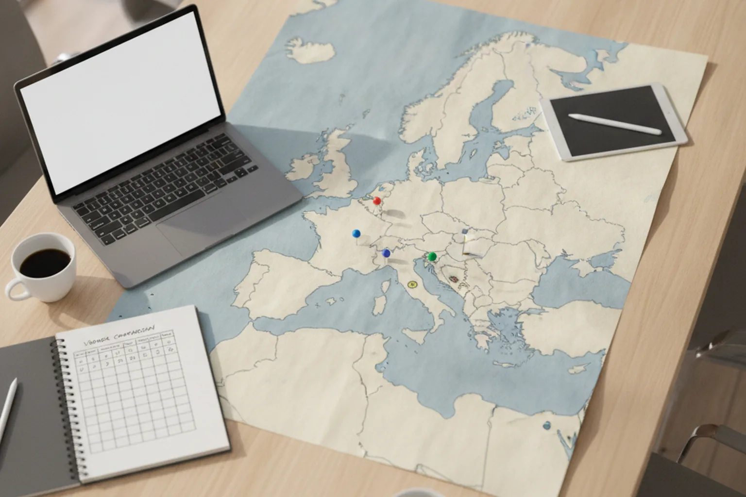 Map of Europe with pins on several cities next to a laptop and a vendor comparison grid in a notebook