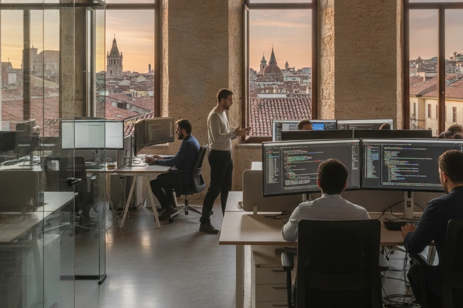 Software engineers working in a European office with a view over old town rooftops at sunset