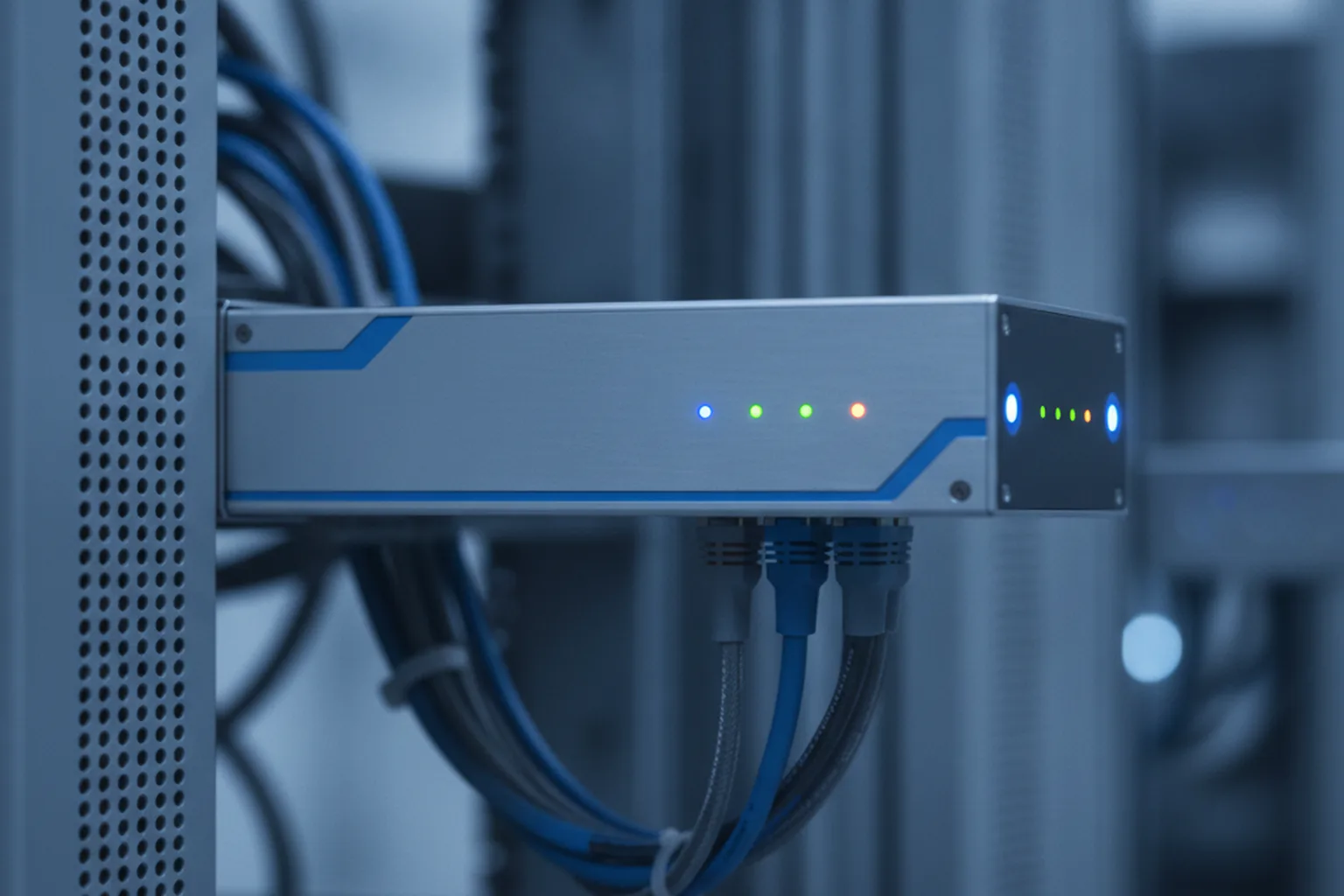 An industrial edge computing gateway mounted in a server rack, processing sensor data locally on a factory floor, representing edge computing and IoT convergence in 2026