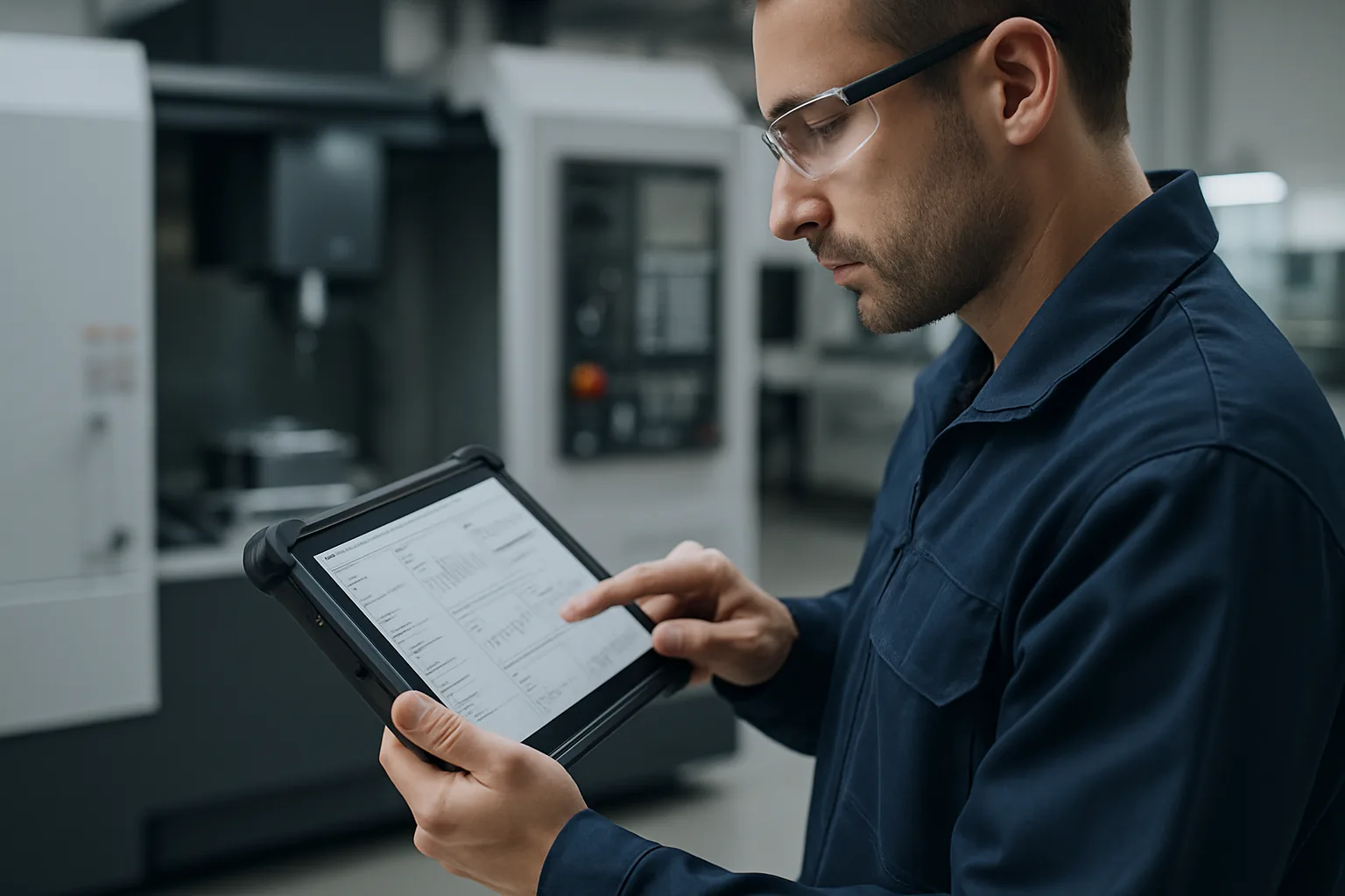 Bediener pr&uuml;ft Echtzeit-Shopfloor-Daten auf einem Tablet (MES-Konzept)