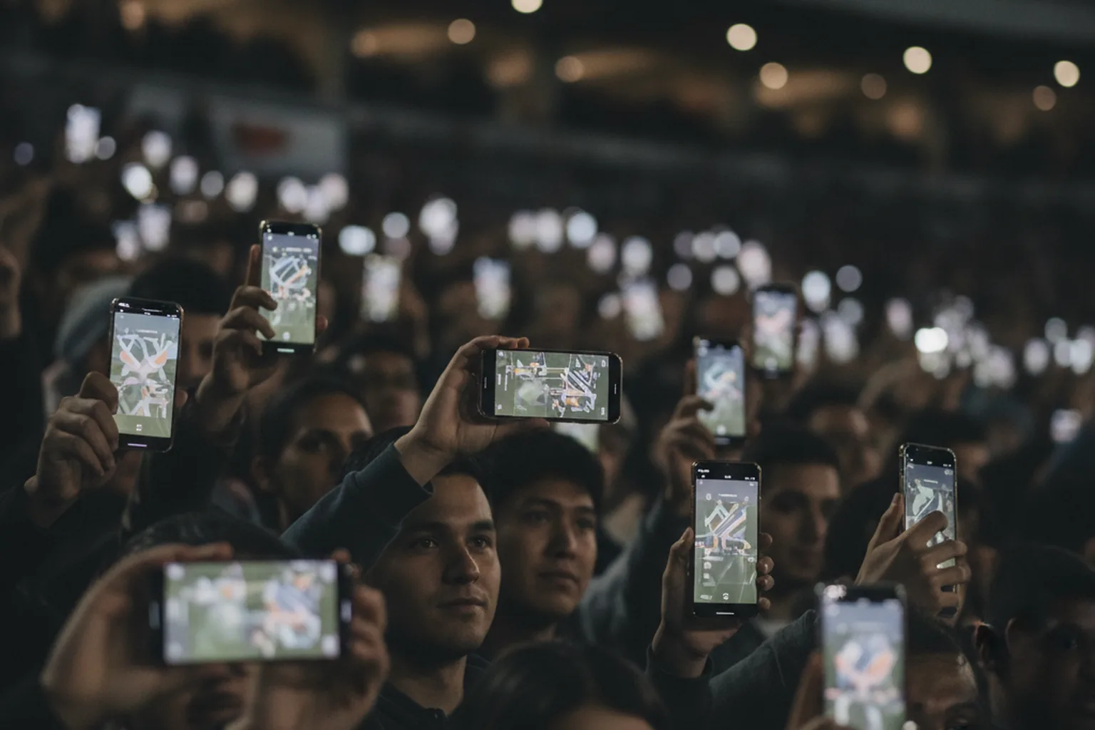 Des fans dans un stade utilisent une application de match en direct sur leurs smartphones