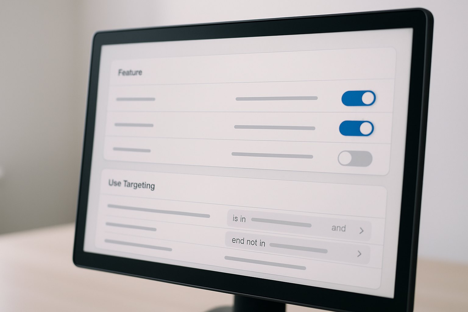 Console di feature management con interruttori toggle e regole di targeting