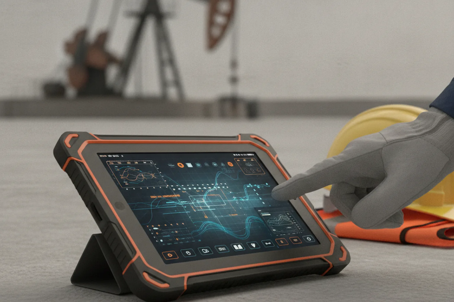Feldingenieur prüft Bohrkopfausrüstung auf einem robusten Tablet
