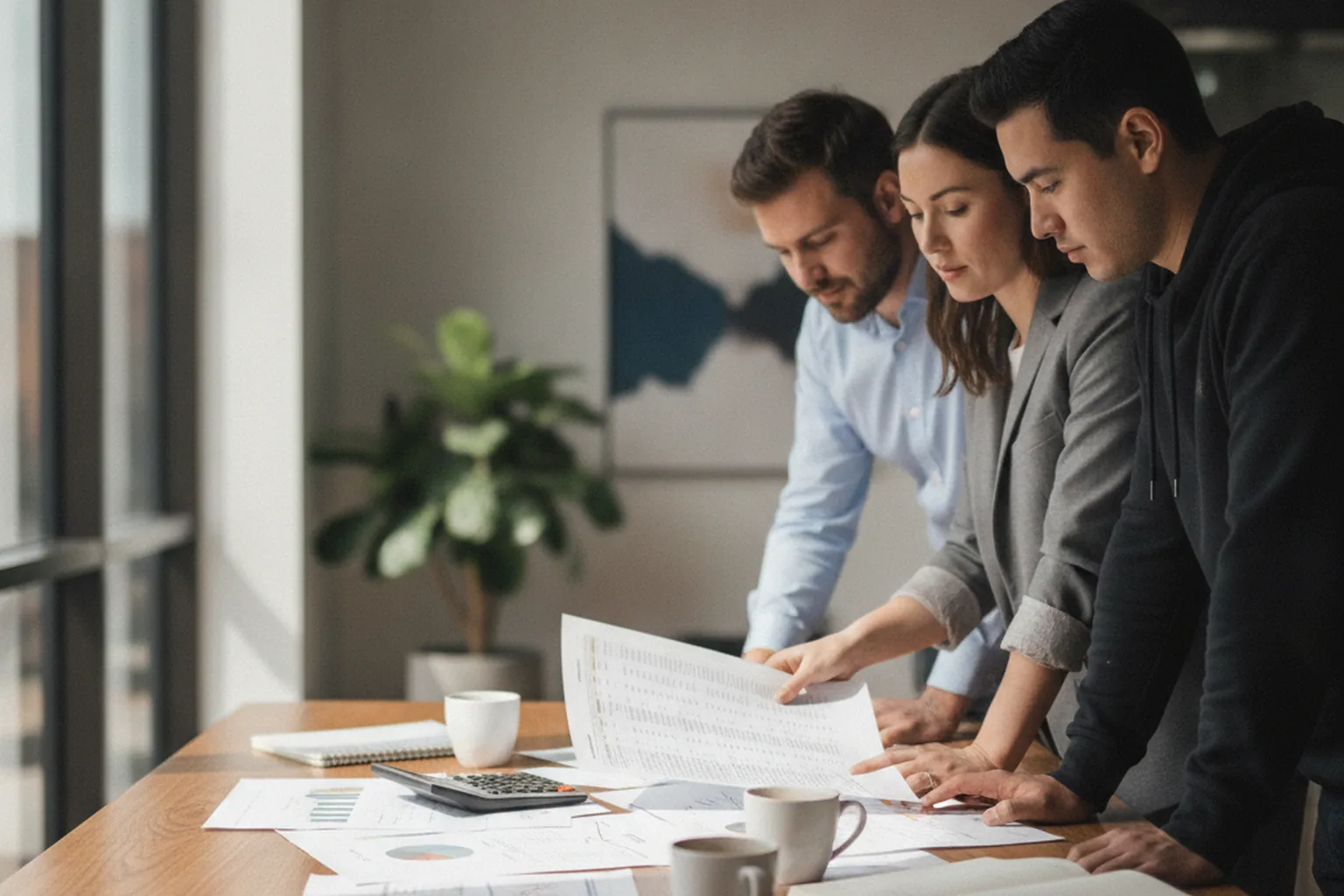 Finance professionals and a software engineer reviewing printed cost spreadsheets at an office table &mdash; software development costs