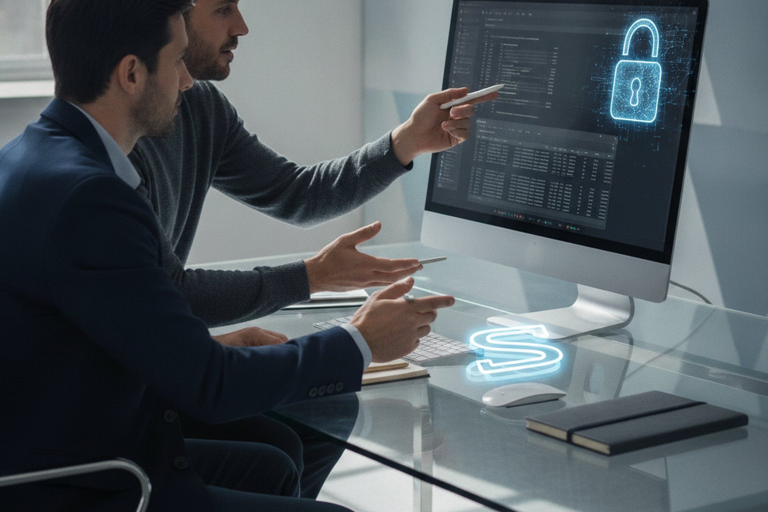 Un d&eacute;veloppeur et un responsable conformit&eacute; examinent des donn&eacute;es de transaction chiffr&eacute;es et des journaux d'audit sur un &eacute;cran avec une ic&ocirc;ne de cadenas de s&eacute;curit&eacute;
