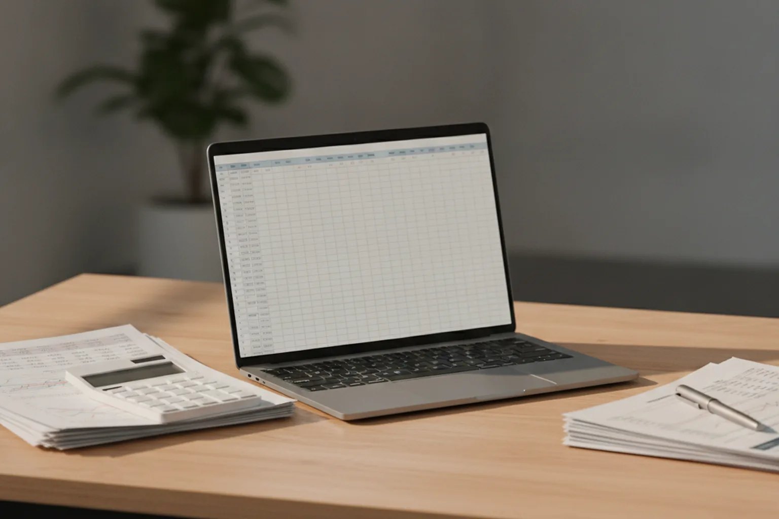 A desk with financial paperwork, a calculator, printed spreadsheets and a laptop showing a blank spreadsheet, representing R&D tax credit calculation