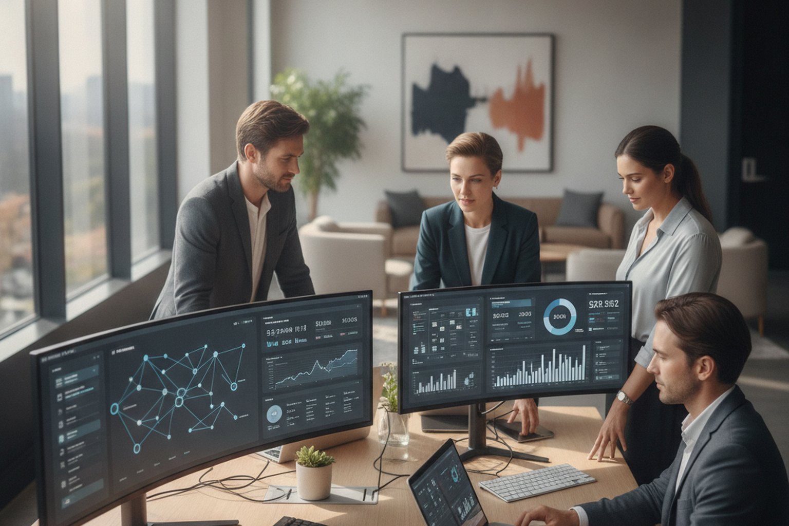Une &eacute;quipe d'ing&eacute;nierie logicielle examine des tableaux de bord financiers avec des graphiques bancaires, de paiement et de portefeuille sur de grands &eacute;crans dans un bureau moderne