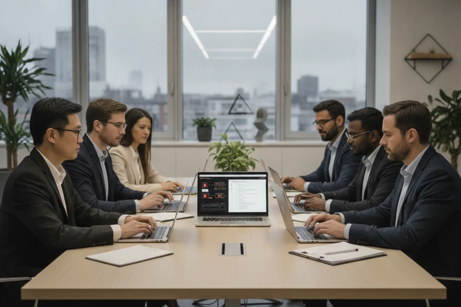 A team of engineers and compliance analysts reviewing security alerts and regulatory checklists on laptops in a meeting room