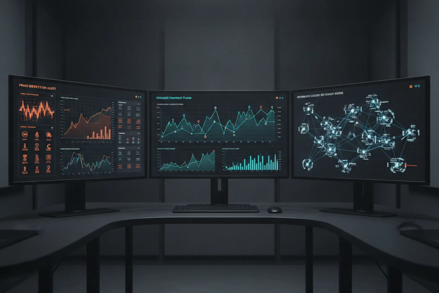 A fintech operations dashboard showing real-time payment flow charts, fraud-detection alerts and a distributed settlement network graph across three monitors
