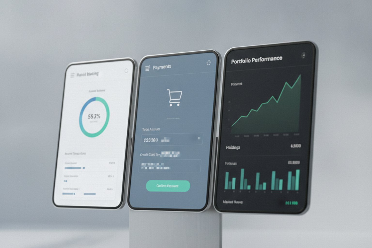 Trois &eacute;crans d'applications financi&egrave;res c&ocirc;te &agrave; c&ocirc;te montrant un tableau de bord de banque num&eacute;rique, un paiement en caisse et un graphique de performance de portefeuille d'investissement