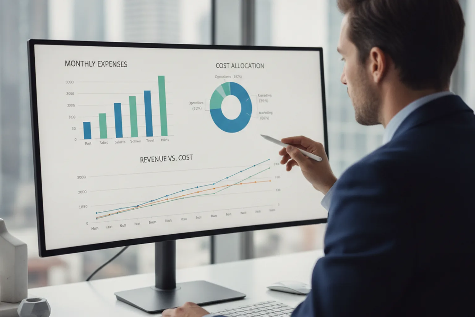 Analyst reviewing a monthly fintech cost and expense breakdown dashboard on a computer screen