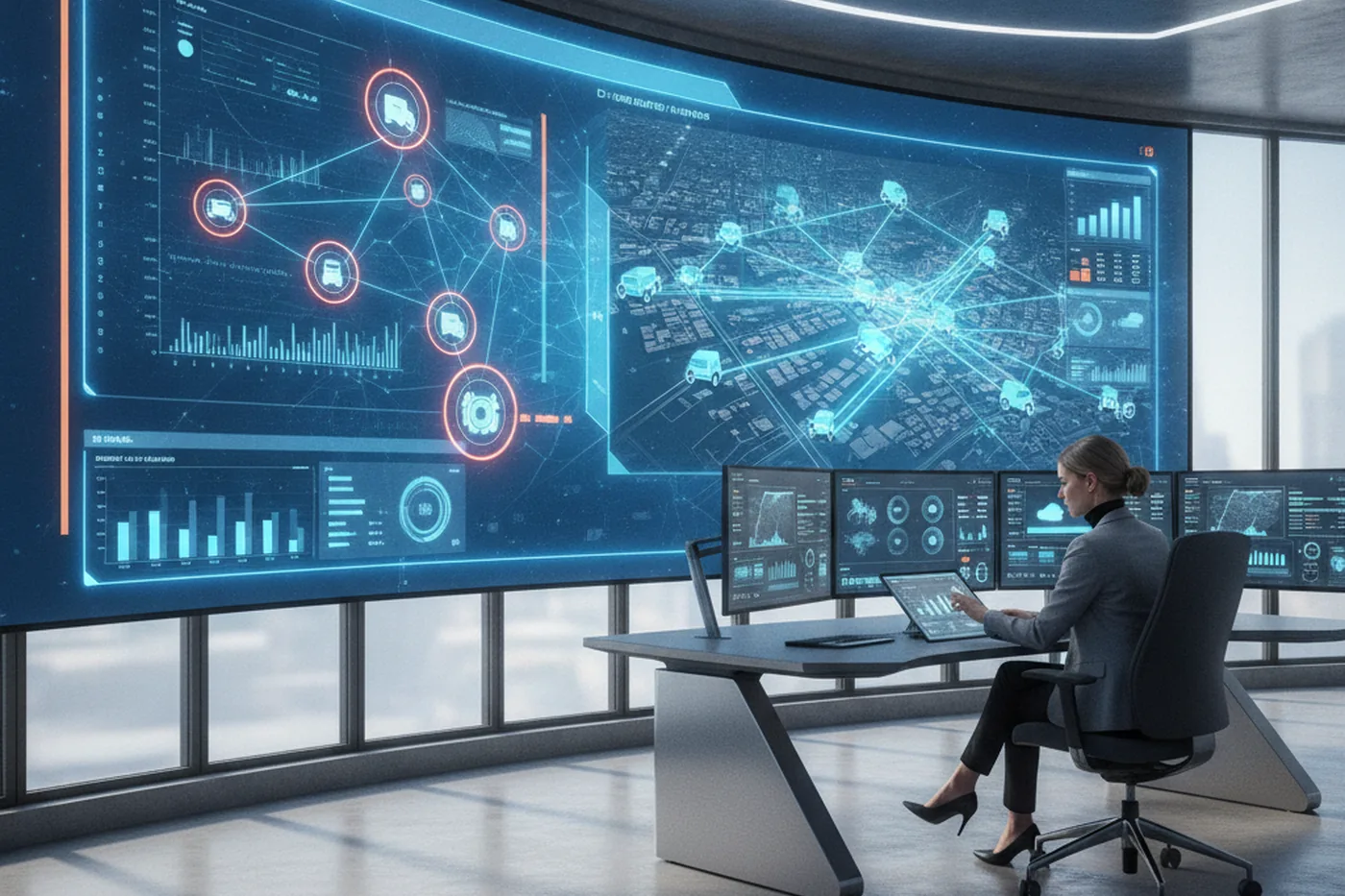 Fleet operations analyst reviewing AI-flagged predictive maintenance and routing alerts on live telematics dashboards