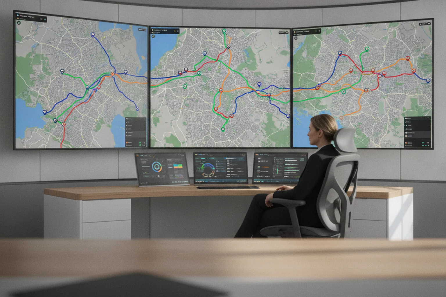 Dispatcher console showing multiple optimized delivery routes on map screens