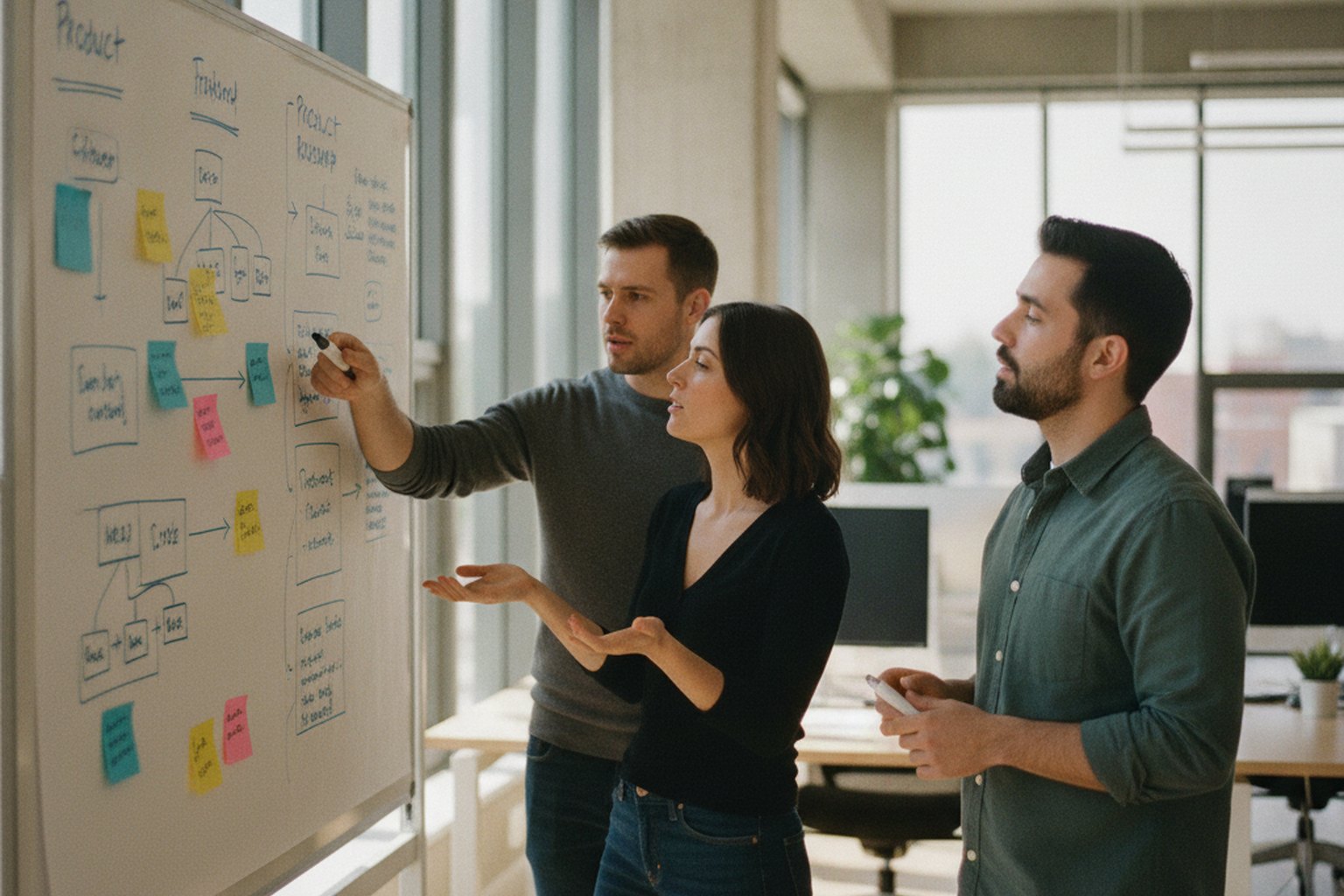 A three-person startup founding team mapping a product roadmap on a whiteboard covered in sticky notes and flowcharts in a bright office