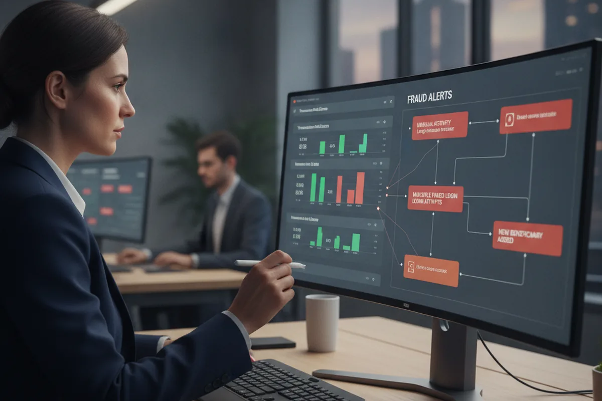 Financial analyst reviewing a fraud detection dashboard with transaction risk alerts on an office monitor