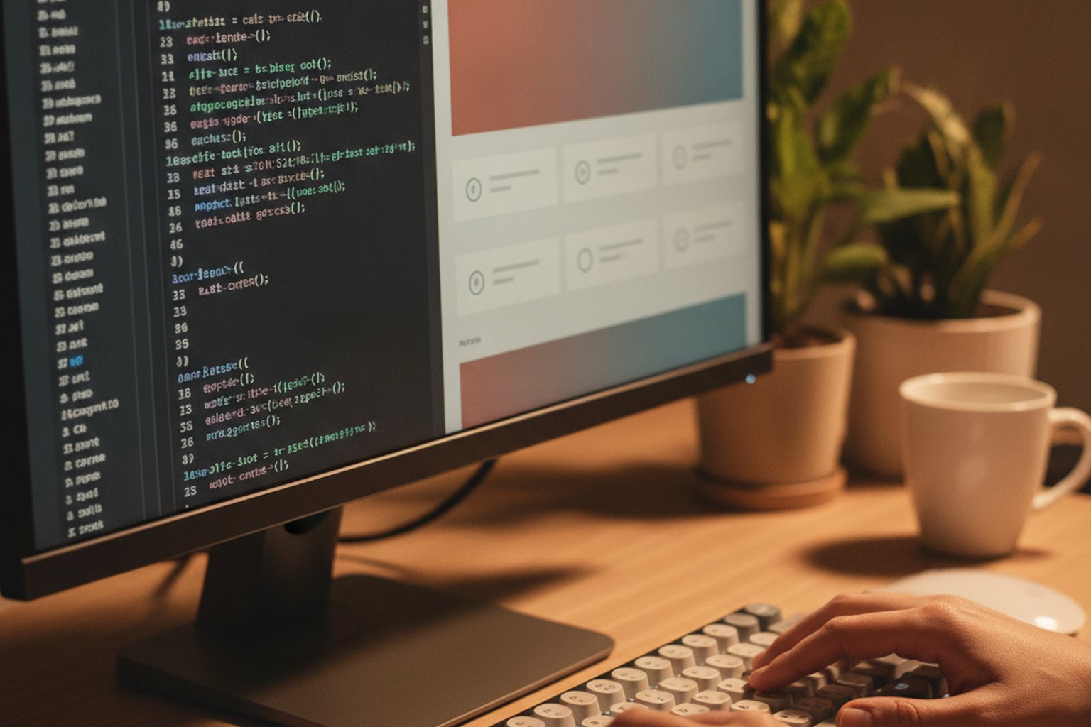 Eine Webentwicklerin baut ein Website-Layout in einem Code-Editor neben einer Live-Browser-Vorschau