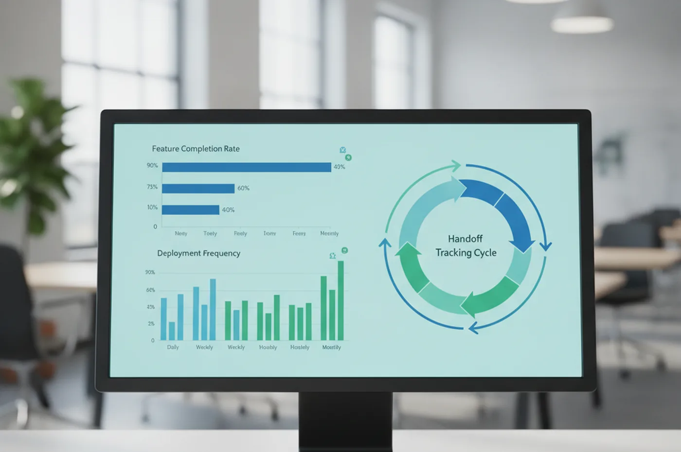 dashboard showing feature completion rate, deployment frequency and handoff tracking cycle metrics for a distributed software team