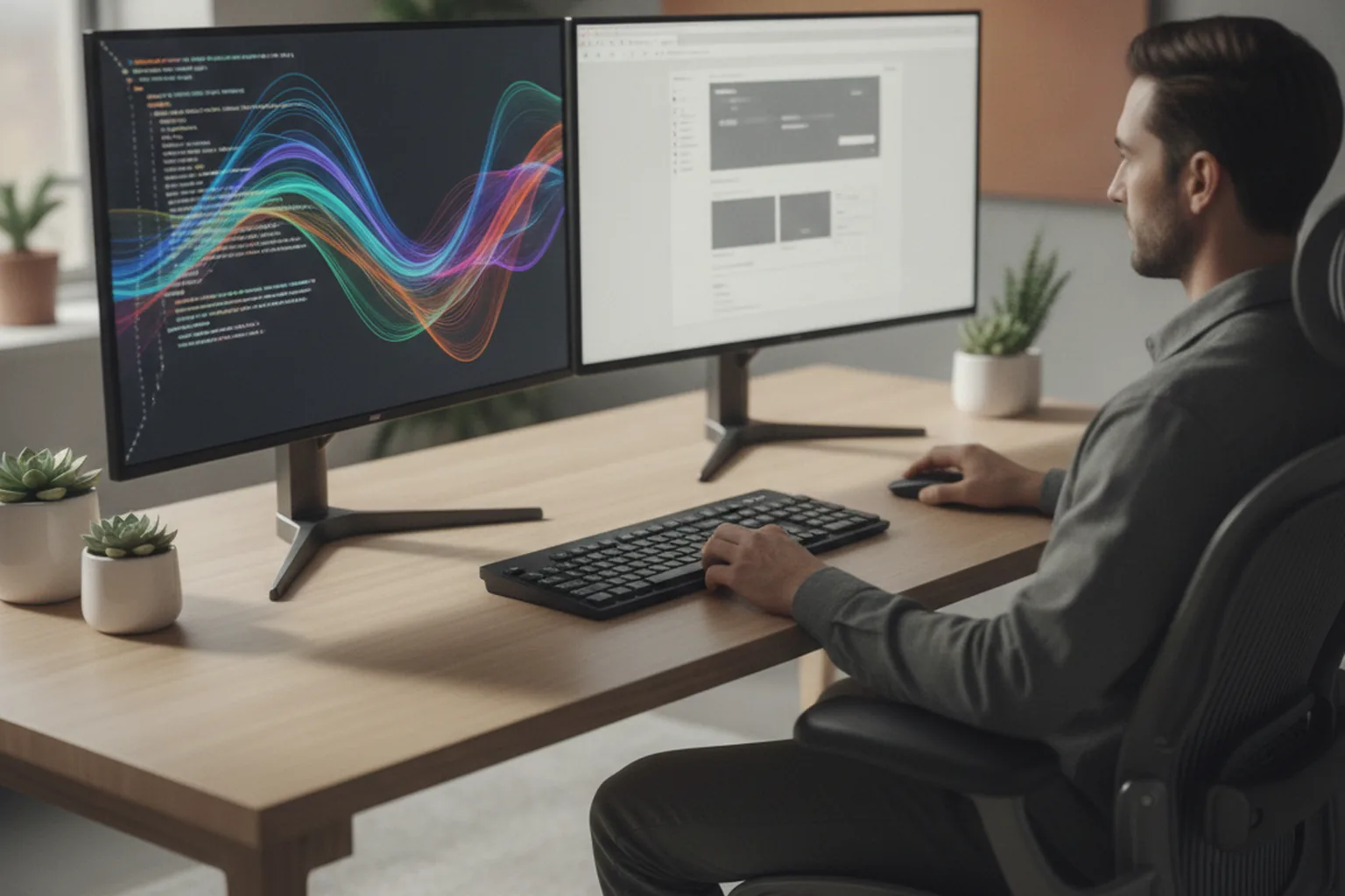 Développeur travaillant sur une application web JavaScript full-stack sur deux écrans