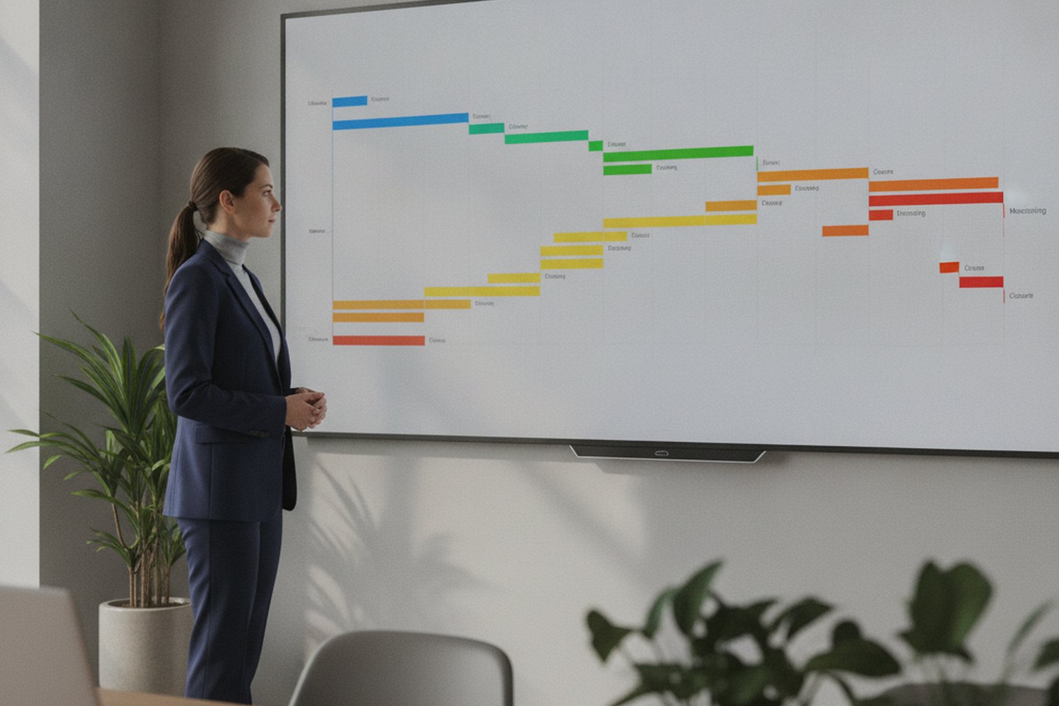 A manager reviewing a Gantt chart of sequential project phases on a wall display, illustrating the linear, plan-driven Waterfall software development methodology