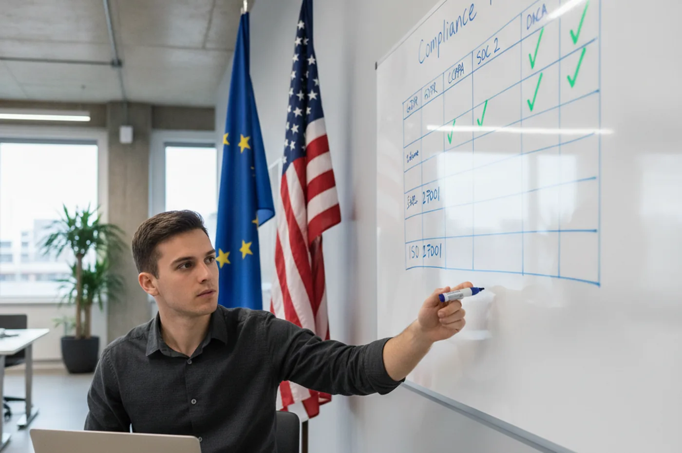 US founder reviewing a GDPR compliance checklist on a whiteboard with EU and US flags in the background