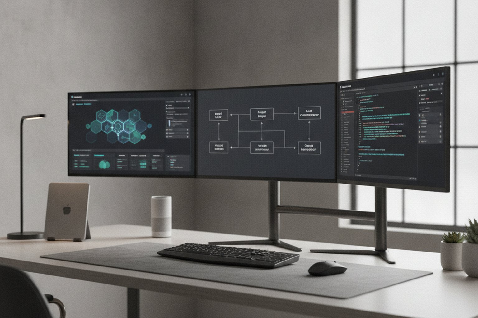 A developer workstation with a vector database dashboard, retrieval pipeline diagram and code editor showing a generative AI application tech stack