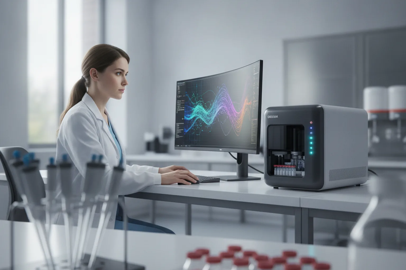 Scientifique dans un laboratoire de recherche biotech examinant des données de séquençage du génome sur un grand écran à côté d’un séquenceur de paillasse &ndash; développement de logiciels biotech