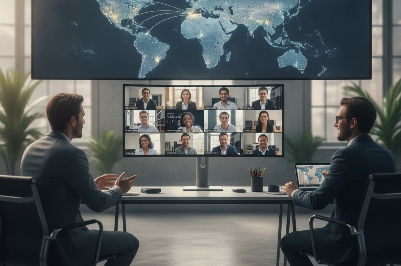 Distributed engineering team on a video call coordinating mobile app maintenance across US and European time zones