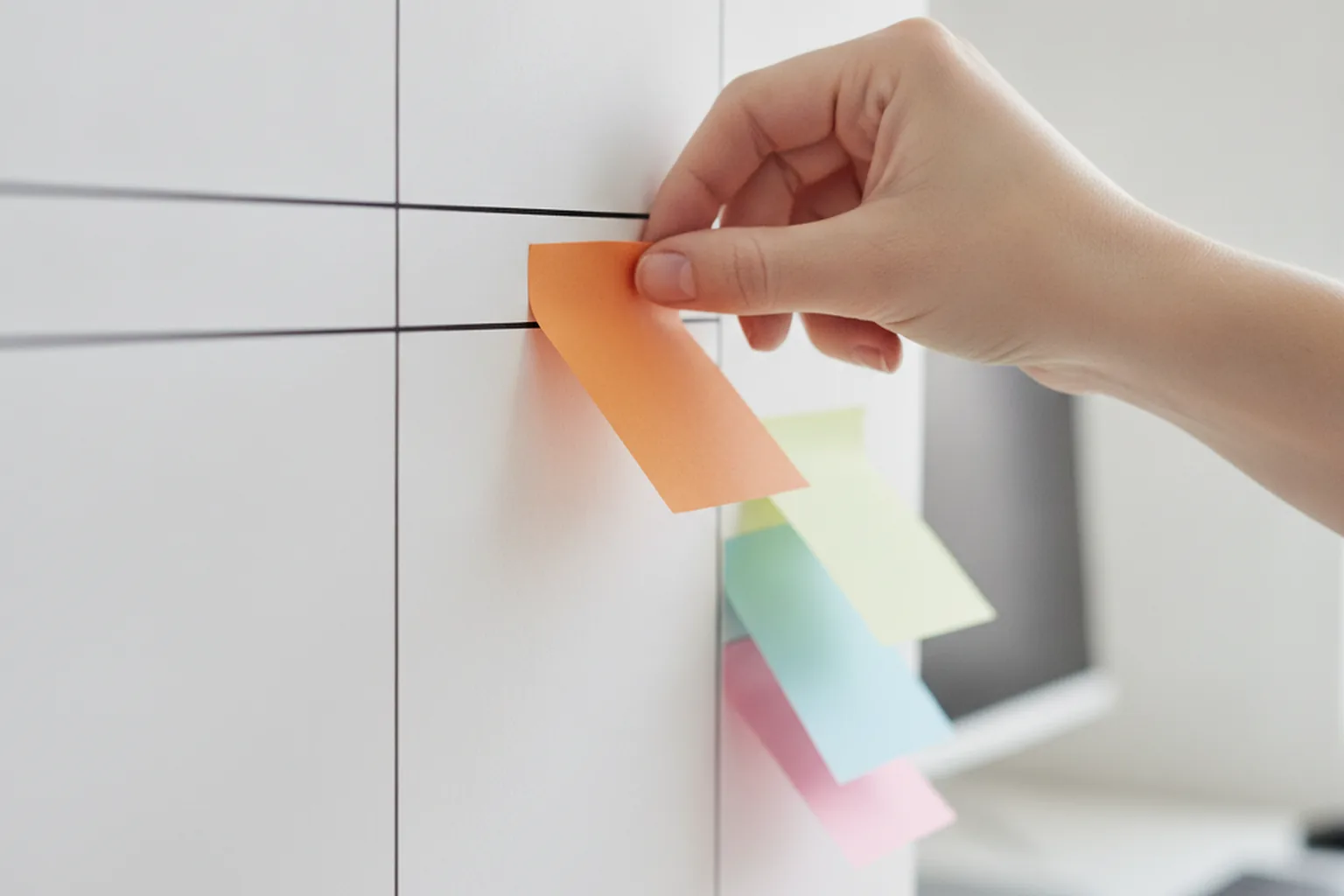 Hand moving a sticky note across a task board, illustrating work flowing through a delivery pipeline