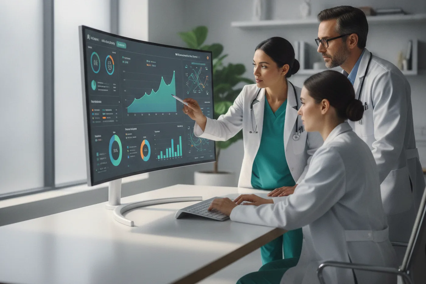 Clinical team reviewing an AI-assisted risk-scoring dashboard on a hospital workstation