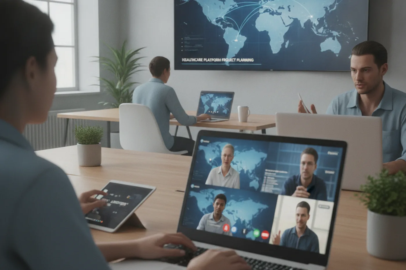 Distributed engineering team planning a healthcare software project across time zones on a video call