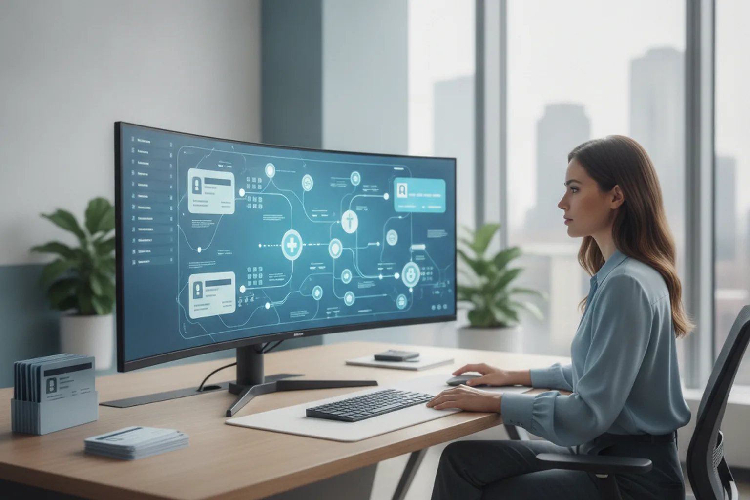 Analista sinistri di un piano sanitario che esamina su un ampio monitor un workflow di sinistri ed eleggibilità degli assicurati
