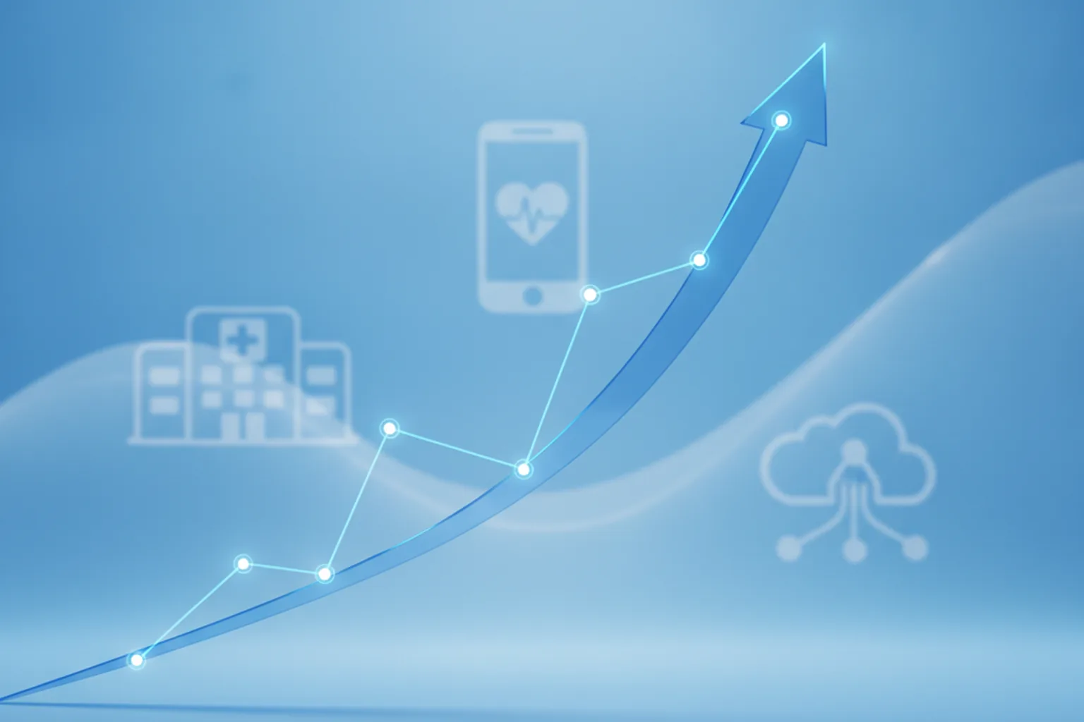 Healthcare software market growth chart with hospital, mobile health and cloud icons illustrating rising demand for custom healthcare software development