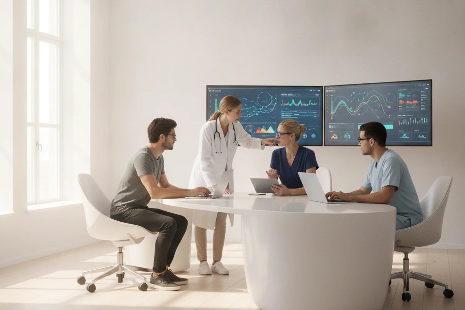 A healthcare technology team reviewing clinical data dashboards during custom healthcare software development