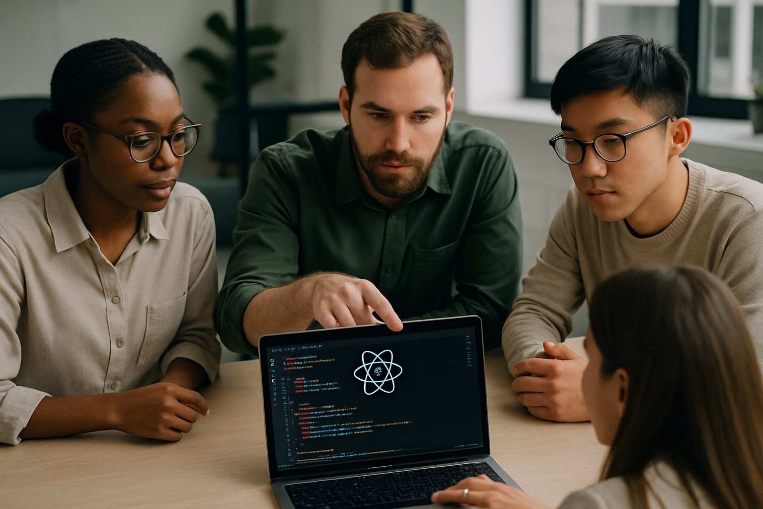 React Native development team collaborating on mobile app code review in modern office