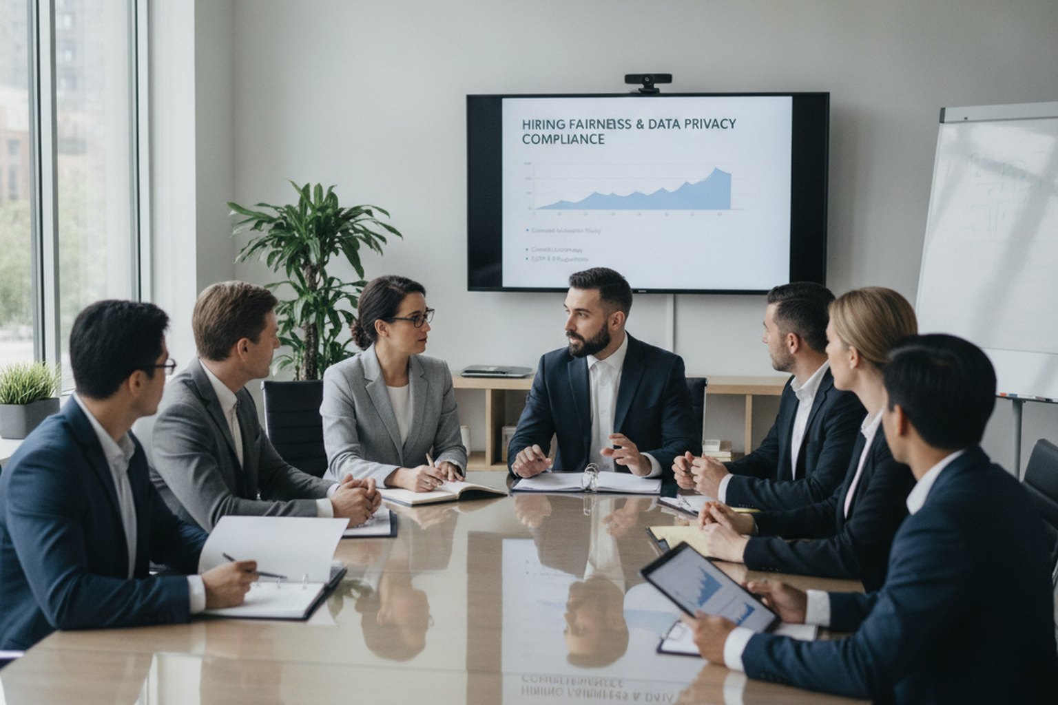An HR and legal team in a meeting room reviewing hiring-fairness and data-privacy compliance documents shown on a wall screen while discussing candidate-evaluation policy