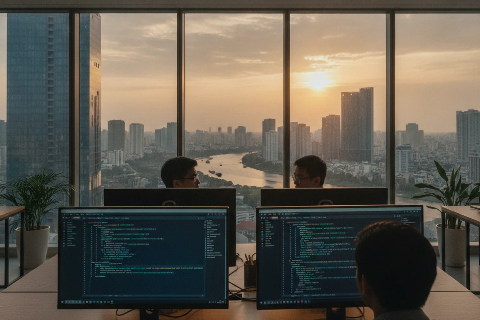 Équipe d’ingénieurs logiciels travaillant ensemble dans un bureau à Hô Chi Minh-Ville