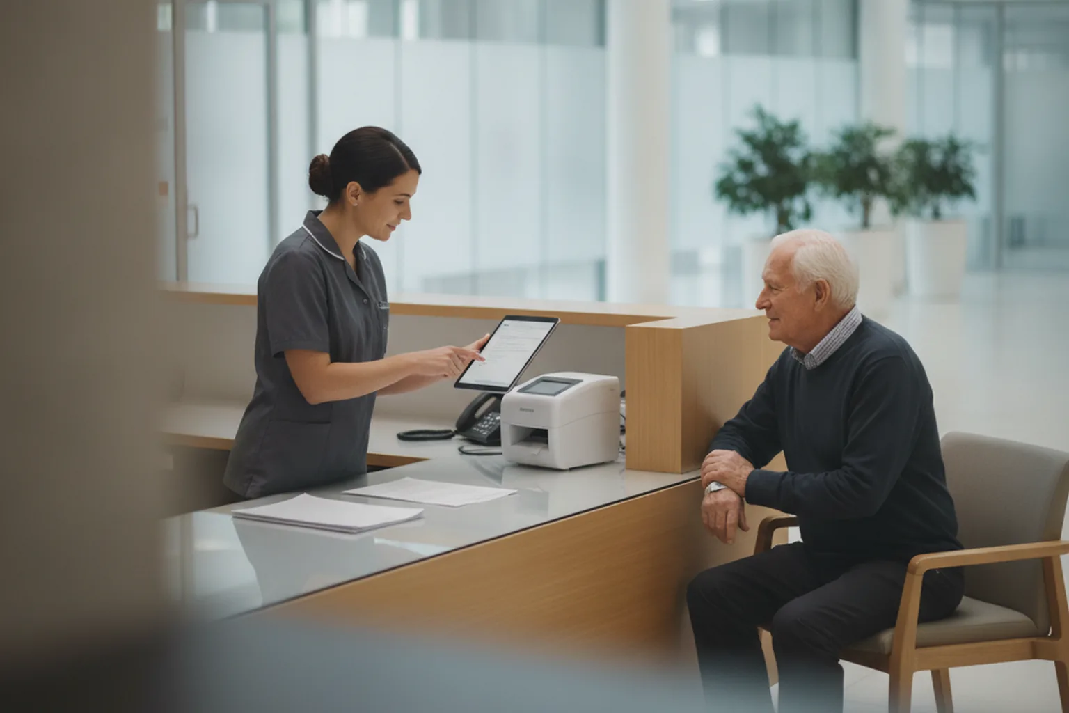 Agente d’accueil hospitalier enregistrant une patiente âgée sur une tablette au bureau des admissions, à côté d’une imprimante de bracelets