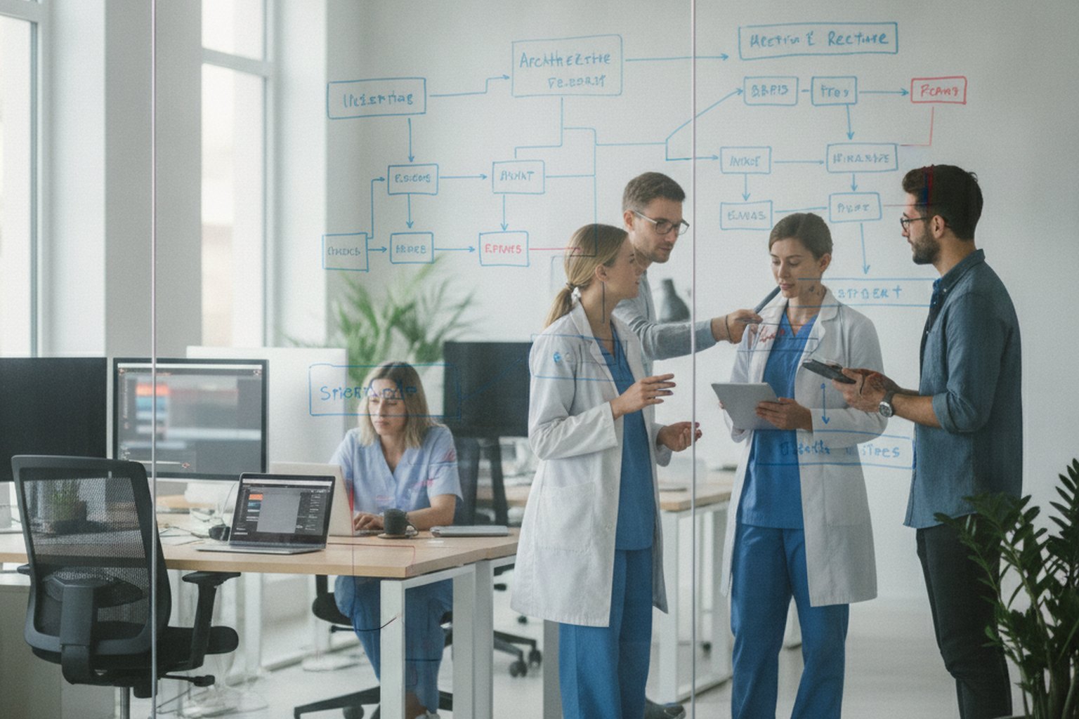 Ein Healthcare-Softwareentwicklungsteam aus Ingenieuren und Klinikern in Kitteln plant ein System f&uuml;r elektronische Gesundheitsakten an einem Glas-Whiteboard voller Architektur- und Workflow-Diagramme