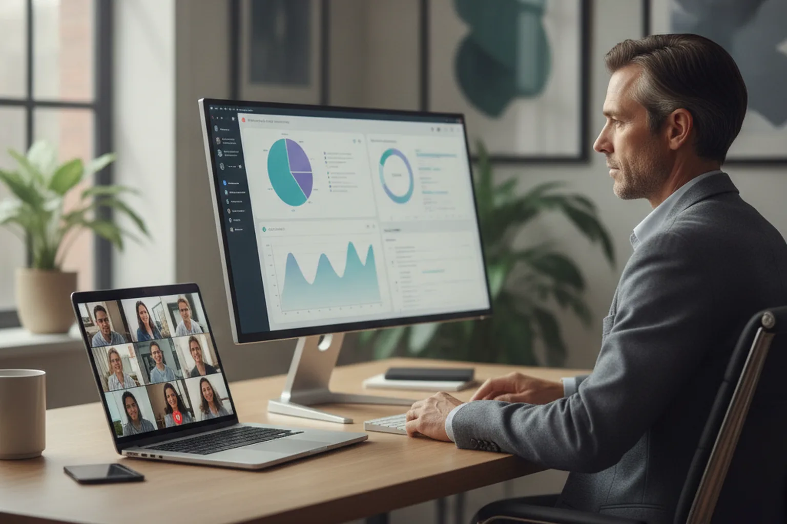 IT-Leiter eines Krankenhauses im Videocall mit einem externen Softwareentwicklungsteam, während er ein klinisches Dashboard prüft