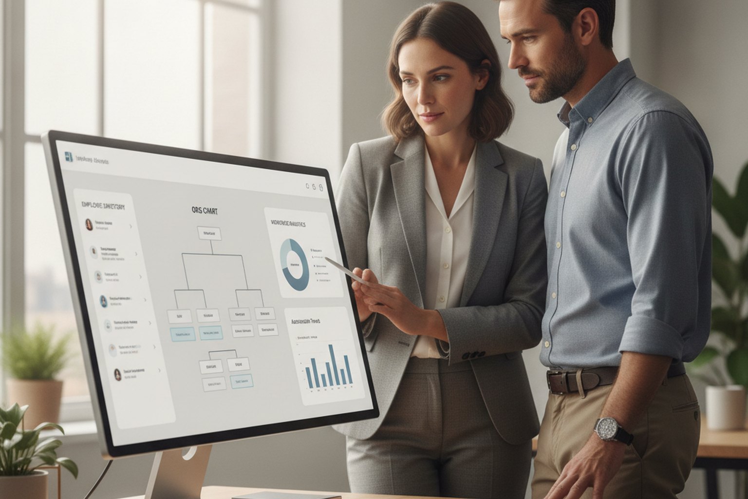 Two HR professionals reviewing an HR software dashboard on a large office monitor showing an employee directory, an org chart and workforce analytics charts