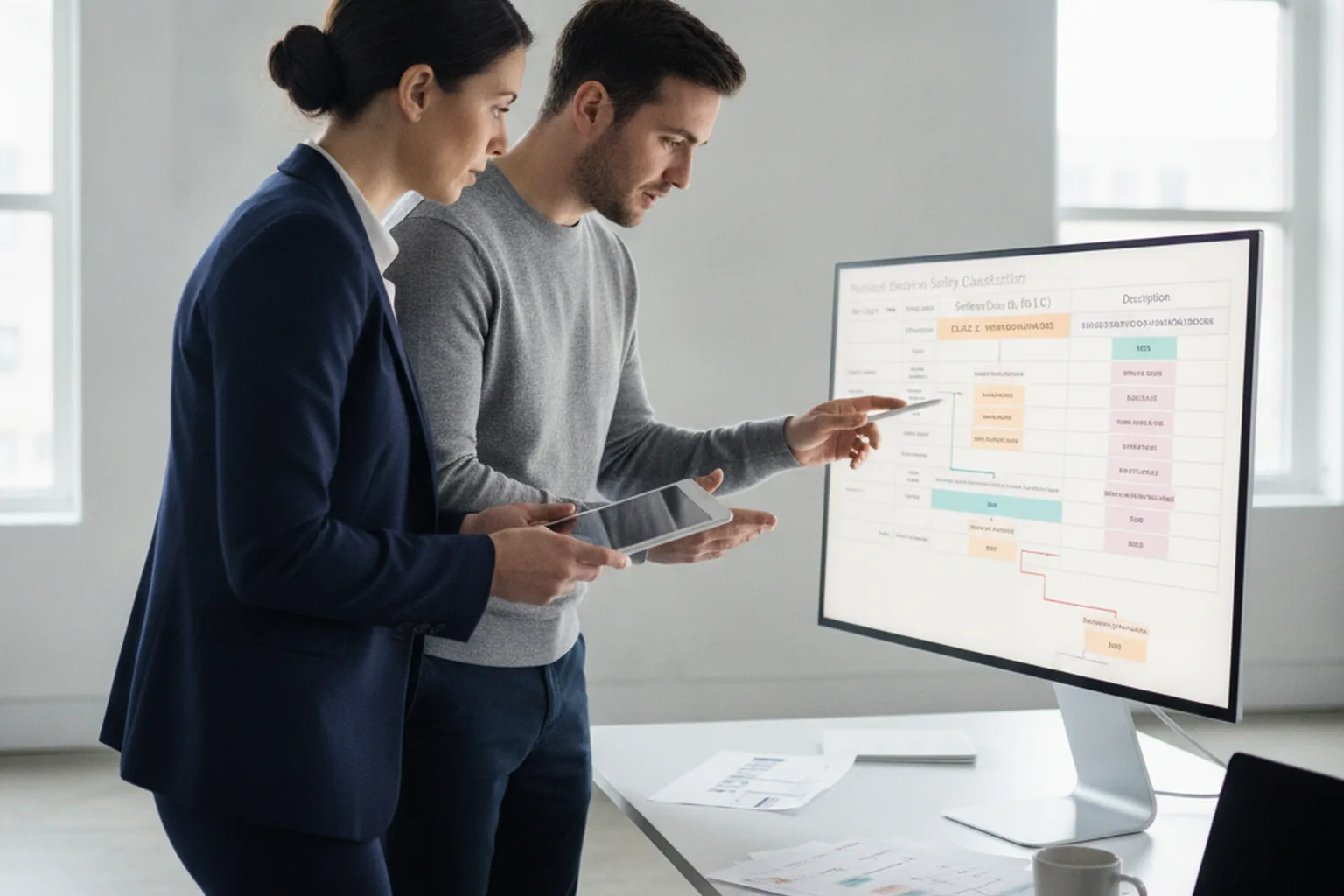 A regulatory affairs specialist and a software engineer reviewing an IEC 62304 software safety classification chart in a MedTech office