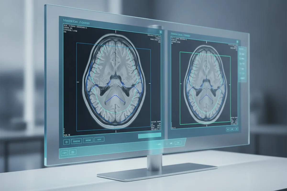Side-by-side brain MRI slices showing image registration alignment and segmentation overlay outlines