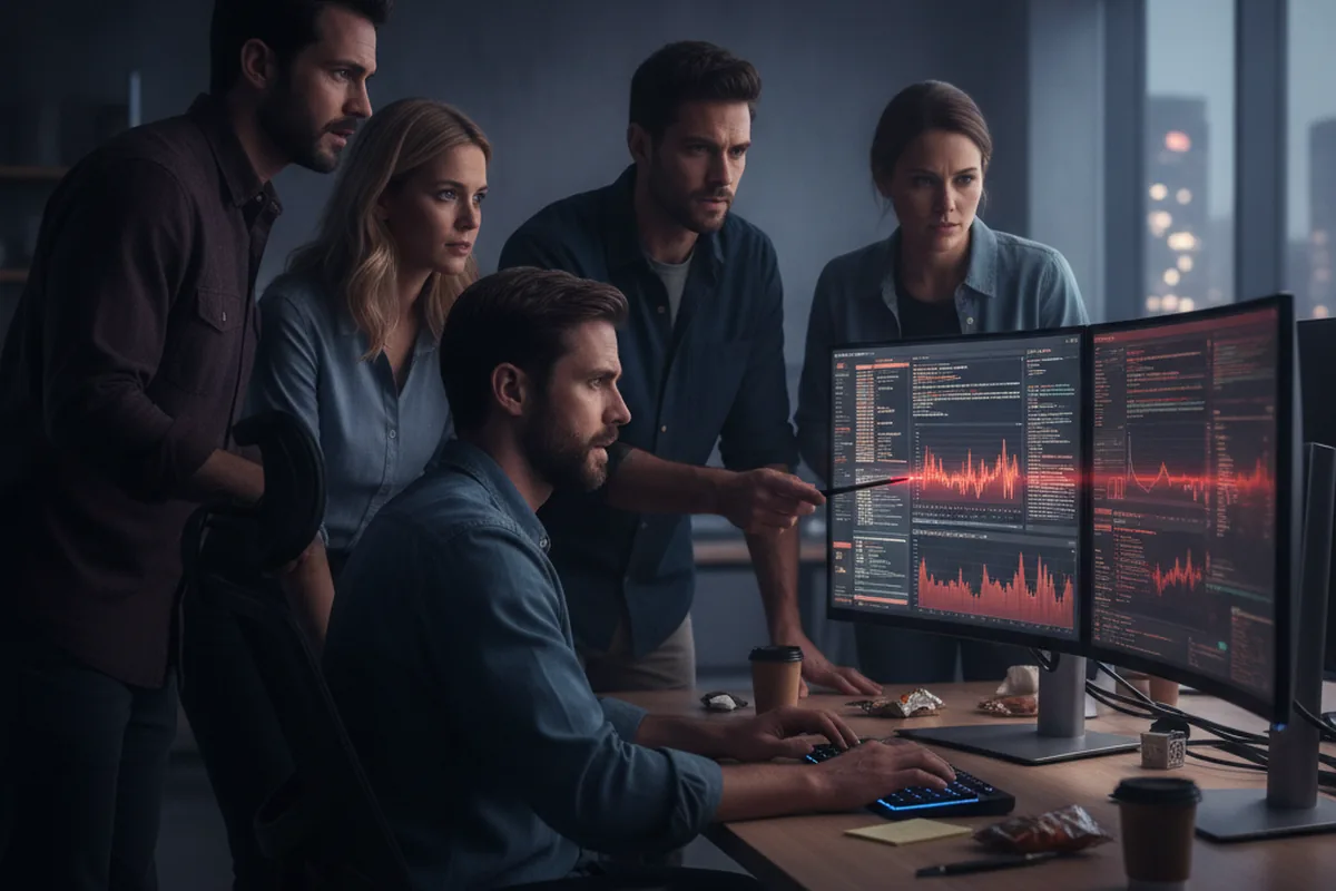 Team reviewing a production outage caused by a rushed software migration