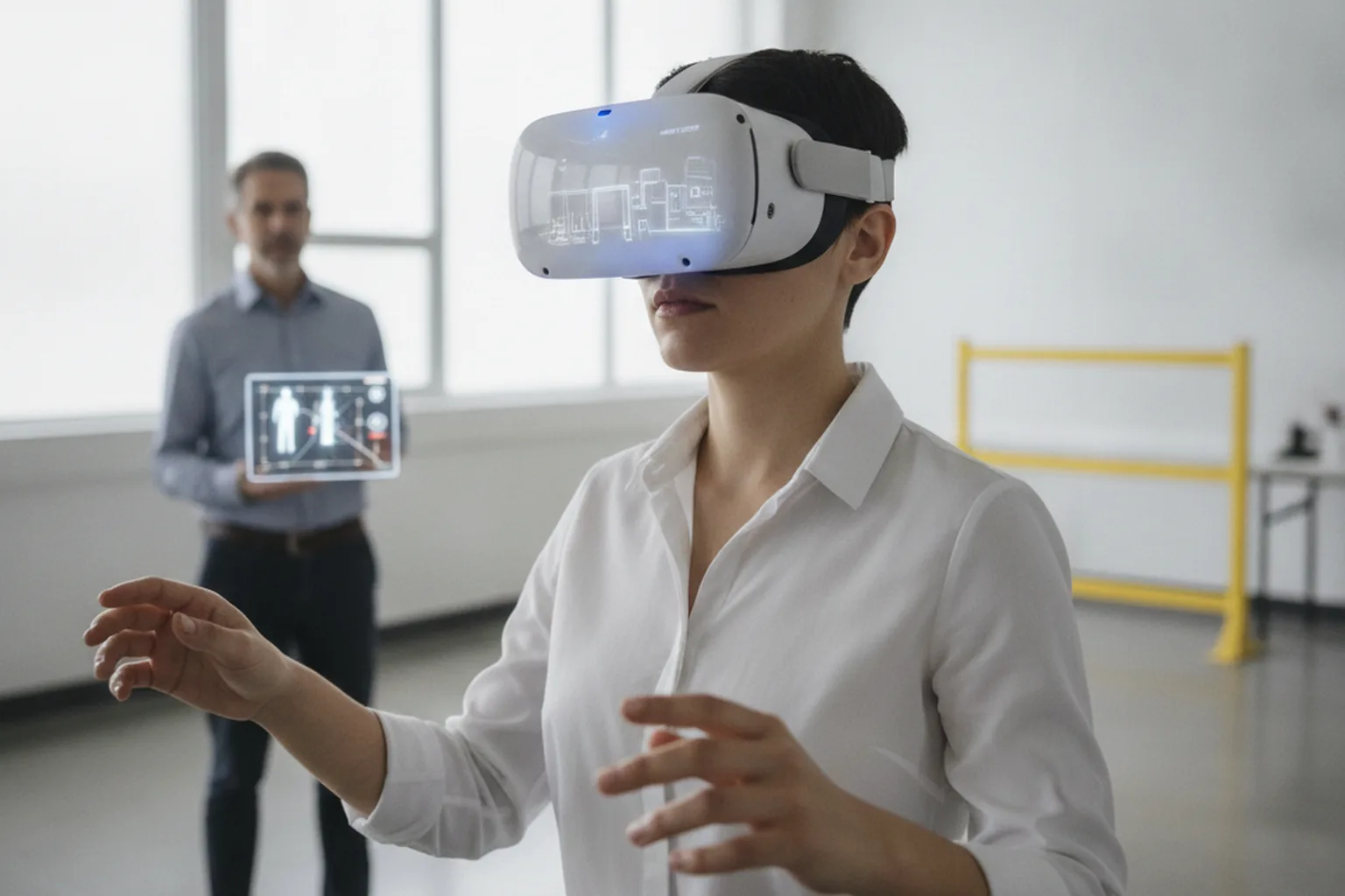 Technikerin absolviert eine Virtual-Reality-Sicherheitsschulung als Simulation
