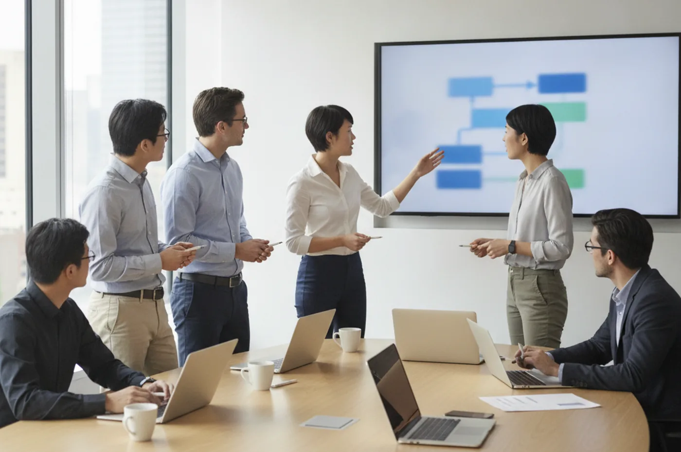 Arquitectos de TI empresariales revisando juntos un diagrama de hoja de ruta de modernización en una sala de reuniones